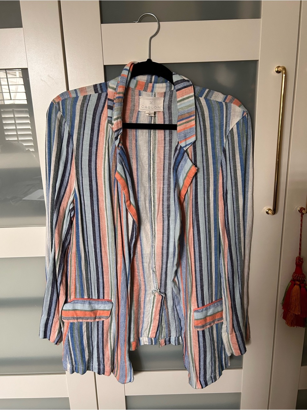 Caslon Multistripe Open-Front Blazer in Blue, Coral & White
